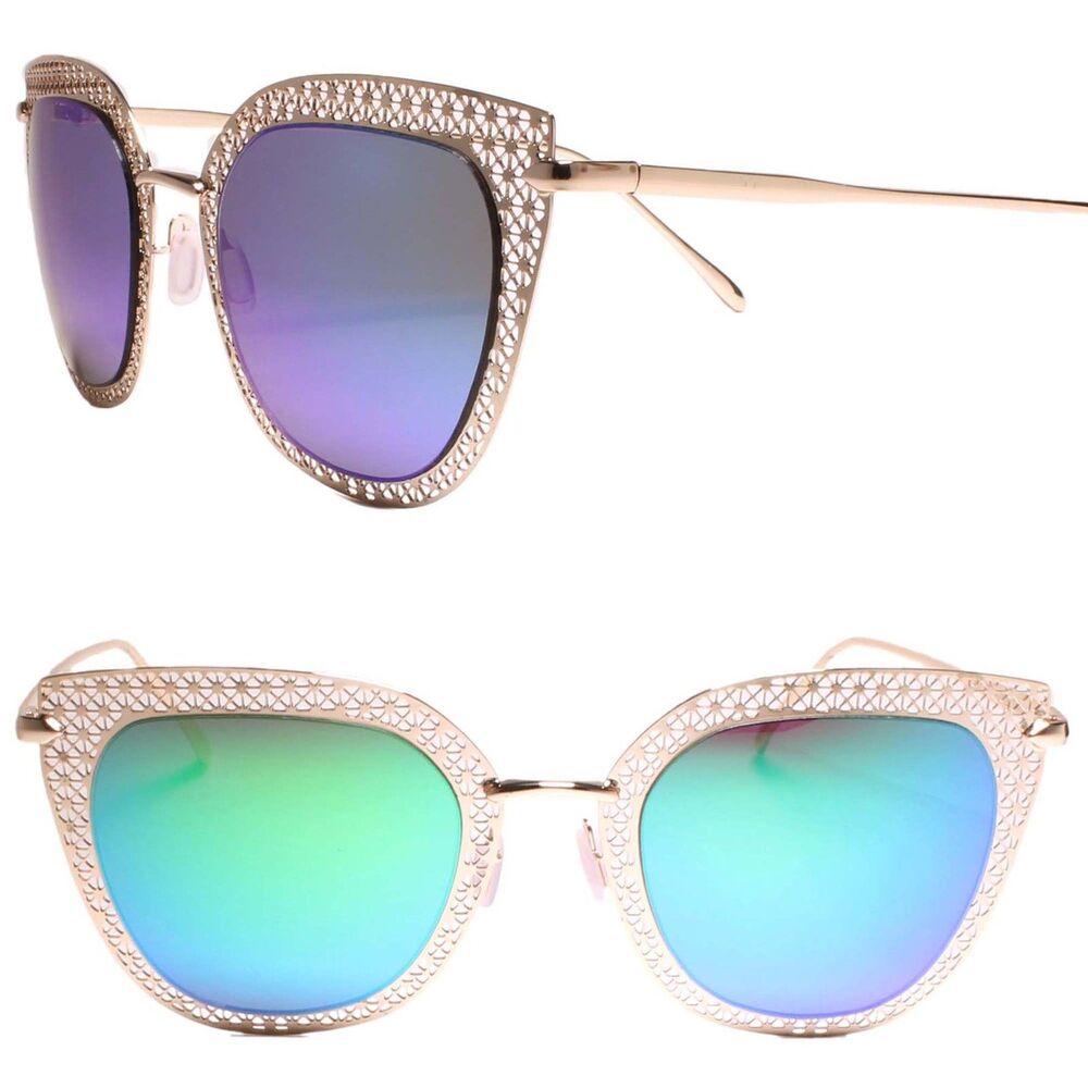 Modern Stylish Chic Green Mirrored Lens Cat Eye Sunglasses Gold Laser Cut Frame